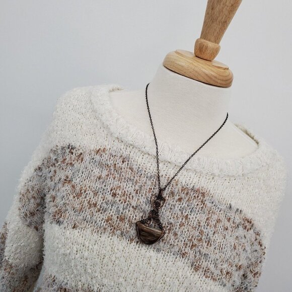 Maurices Womens Fuzzy Striped Pullover Sweater XL Beige White Lantern Sleeve - Picture 5 of 15